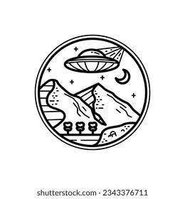 Badge mountain and ufo monoline or line art style illustration