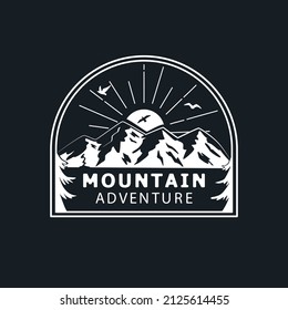 Badge with mountains, birds and the sun. Outline vector illustration for t-shirt prints, posters and other uses.