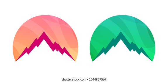 Badge with Mountains isolated on white background. Set of Colorful Vector illustration for Travel Tour. Logotype template of Rock Summit on the background of the Northern Lights.