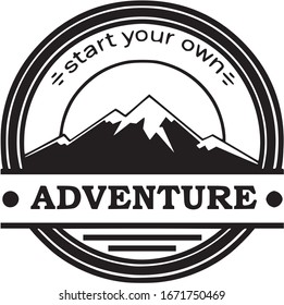 Badge with mountains and writting "start your own adventure"