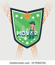 Badge mover guy in a jumpsuit with stars on a background