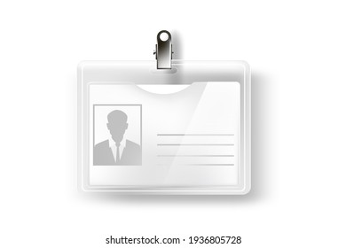 Badge With Name Or Id Tag With Metal Clasp. Identification Card With Photo And Information Vector Illustration. Plastic Mock Up Template For Conference Event, Office Employee Pass.