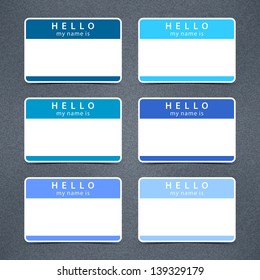 Badge name tag HELLO my name is. Blue color empty stickers white blank label with drop black shadow on gray background with grainy noise effect texture. Vector illustration design element 10 eps