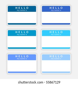 Badge Name Tag HELLO My Name Is. Colored Empty Stickers With Shadow On Gray Background