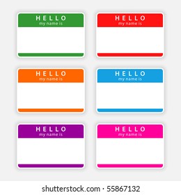 Badge Name Tag HELLO My Name Is. Colorful Blank Label With Shadow On Gray Background