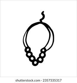 Badge necklace with stones on a chain with a clasp. Women's jewelry, accessories. Vector black and white hand-drawn doodles. Isolated object on a white background. Clipart, template, sketch, logo, ico