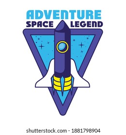 badge with one rocket in it and adventure space leyend lettering vector illustration design