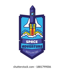 insignia con un cohete en él y diseño de ilustración vectorial de exploración de aventura espacial