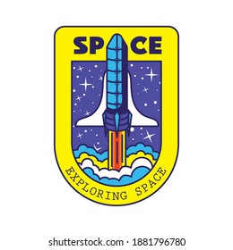 badge with one rocket in it and space exploring space lettering vector illustration design