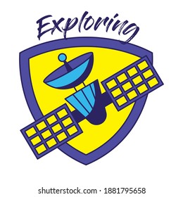 badge with one satellite and two panels in it vector illustration design