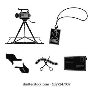 Badge, operator gesture and other accessories for the movie. Making movie set collection icons in black style vector symbol stock illustration web.