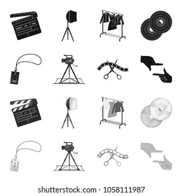 Badge, operator gesture and other accessories for the movie. Making movie set collection icons in black,monochrome style vector symbol stock illustration web.