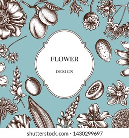 Badge over design with almond, dandelion, ginger, poppy flower, passion flower, tilia cordata