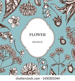 Badge over design with aloe, calendula, lily of the valley, nettle, strawberry, valerian