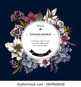 Badge over design with anemone, lavender, rosemary everlasting, phalaenopsis, lily, iris