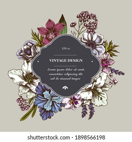 Badge over design with anemone, lavender, rosemary everlasting, phalaenopsis, lily, iris