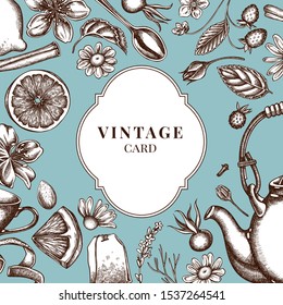 Badge over design with cinnamon, lemons, oranges, tea bag, sugar cubes, heather, chamomile, dog rose, peppermint, almond, strawberry, teaspoon, teapots, cups, sugar bowl