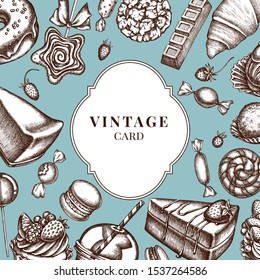 Badge over design with cinnamon, macaron, lollipop, bar, candies, oranges, buns and bread, croissants and bread, strawberry, milk boxes, smoothie cup, lollipop, smothie jars, cheesecake, eclair