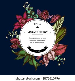 Badge over design with ficus, iresine, kalanchoe, calathea, guzmania, cactus