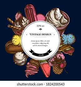 Badge over design with ice cream bowls, ice cream bucket, popsicle ice cream, ice cream cones