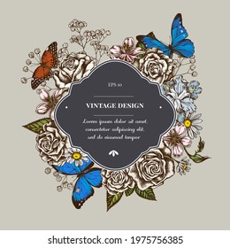 Badge over design with iris japonica, gypsophila, chamomile, almond, menelaus blue morpho, blue morpho, red lacewing, roses