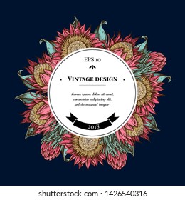 Badge over design with king protea hand drawn illustration