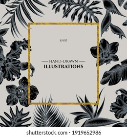 Badge over design with monstera, banana palm leaves, strelitzia, heliconia, tropical palm leaves, orchid