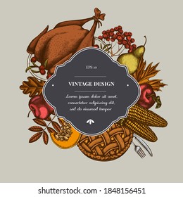 Badge over design with pumpkin, fork, knife, pears, turkey, apple pie, corn, apples, rowan, maple, oak