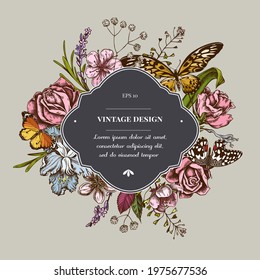 Badge over design with shepherd s purse, heather, iris japonica, sakura, gypsophila, almond, lemon butterfly, african giant swallowtail, plain tiger, roses