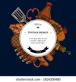 Badge over design with spatula, Pork ribs, kebab, sausages, steak, sauce bottles, grilled burger patties, grilled tomato, grilled salmon steak, grilled bell pepper