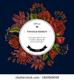 Badge over design with viburnum, hypericum, tulip, aster, leucadendron, amaryllis