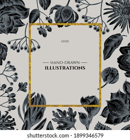 Design-Badge mit Viburnum, Hypericum, Tulpe, aster, Leucadendron, Amaryllis