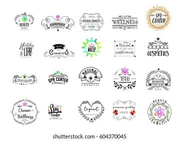 Badge as part of the design - Cosmetics logo Sticker, stamp, logo - for design, hands made. With the use of floral elements, calligraphy and lettering