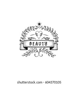 Badge as part of the design - Cosmetics logo Sticker, stamp, logo - for design, hands made. With the use of floral elements, calligraphy and lettering