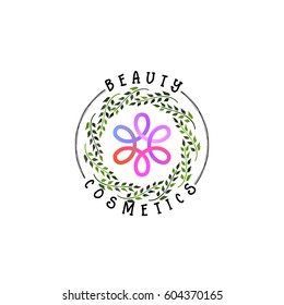 Badge as part of the design - Cosmetics logo Sticker, stamp, logo - for design, hands made. With the use of floral elements, calligraphy and lettering