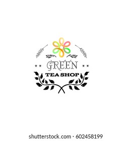Badge as part of the design - Green tea Sticker, stamp, logo - for design, hands made. With the use of floral elements, calligraphy and lettering