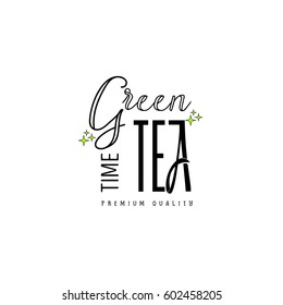 Badge as part of the design - Green tea Sticker, stamp, logo - for design, hands made. With the use of floral elements, calligraphy and lettering