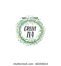 Badge as part of the design - Green tea Sticker, stamp, logo - for design, hands made. With the use of floral elements, calligraphy and lettering