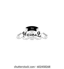 Badge as part of the design - Green tea Sticker, stamp, logo - for design, hands made. With the use of floral elements, calligraphy and lettering