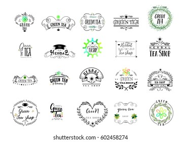 Badge as part of the design - Green tea Sticker, stamp, logo - for design, hands made. With the use of floral elements, calligraphy and lettering