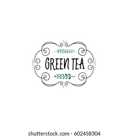 Badge as part of the design - Green tea Sticker, stamp, logo - for design, hands made. With the use of floral elements, calligraphy and lettering