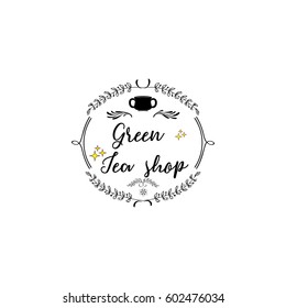 Badge as part of the design - Green tea Sticker, stamp, logo - for design, hands made. With the use of floral elements, calligraphy and lettering