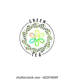 Badge as part of the design - Green tea Sticker, stamp, logo - for design, hands made. With the use of floral elements, calligraphy and lettering