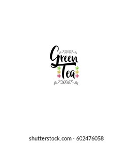 Badge as part of the design - Green tea Sticker, stamp, logo - for design, hands made. With the use of floral elements, calligraphy and lettering