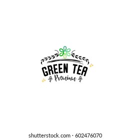 Badge as part of the design - Green tea Sticker, stamp, logo - for design, hands made. With the use of floral elements, calligraphy and lettering