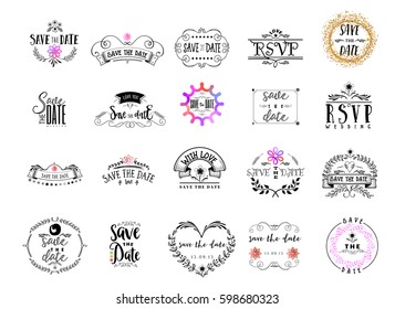 Badge as part of the design - Save the Date Sticker, stamp, logo - for design, hands made. With the use of floral elements, calligraphy and lettering