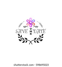 Badge as part of the design - Save the Date Sticker, stamp, logo - for design, hands made. With the use of floral elements, calligraphy and lettering