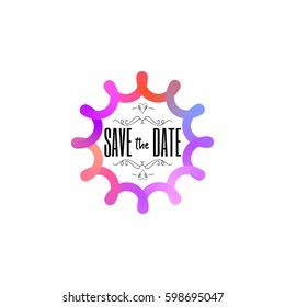Badge as part of the design - Save the Date Sticker, stamp, logo - for design, hands made. With the use of floral elements, calligraphy and lettering
