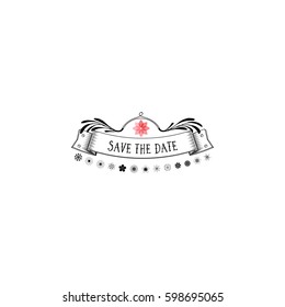 Badge as part of the design - Save the Date Sticker, stamp, logo - for design, hands made. With the use of floral elements, calligraphy and lettering