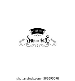 Badge as part of the design - Save the Date Sticker, stamp, logo - for design, hands made. With the use of floral elements, calligraphy and lettering